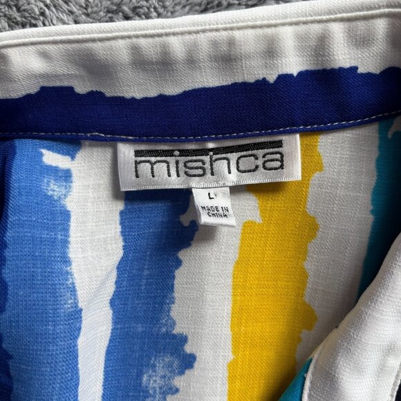 Mischa Womens Top Large Button Up Tie Front Artsy Art Deco Retro Striped 17913 - Picture 3 of 9